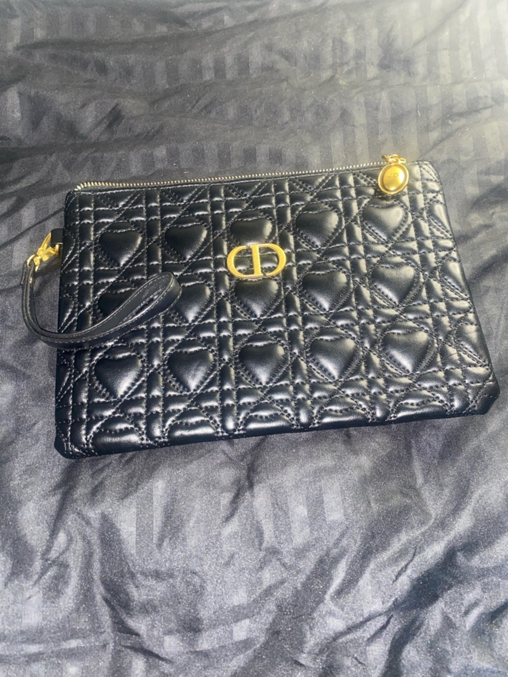 Dior Black Quilted Heart Wristlet with Gold CD Logo